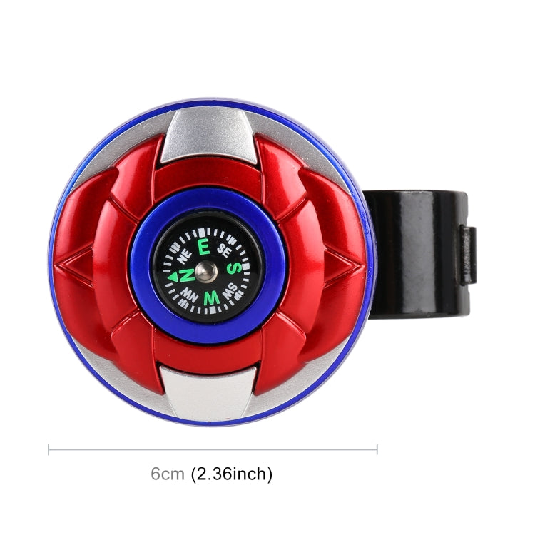 Red steering wheel spinner knob with compass dial, blue rim, size 6 cm
