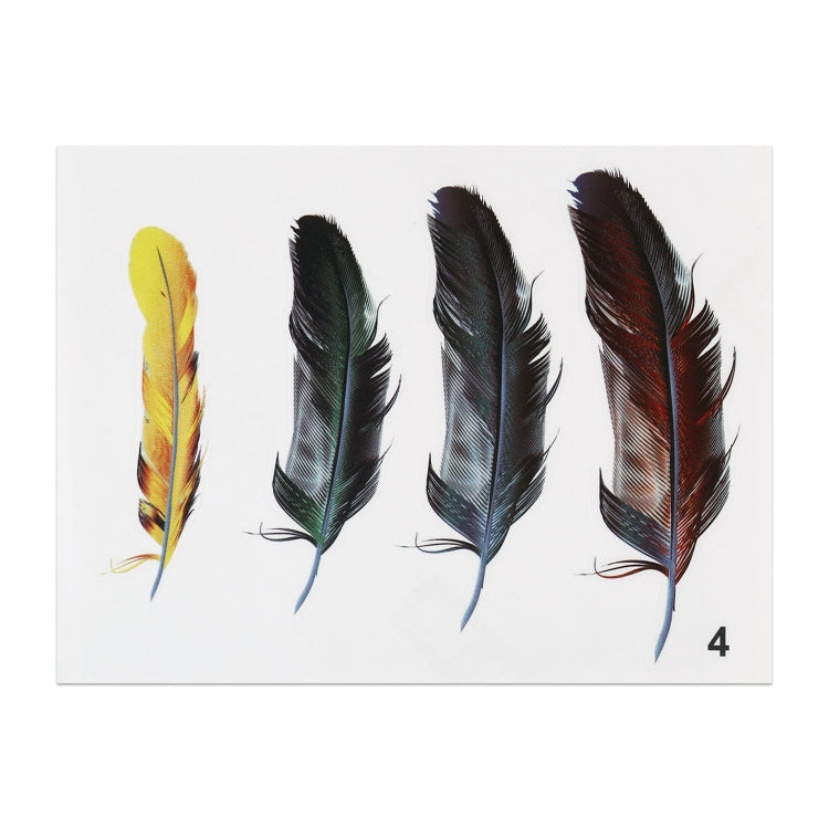 Feather sticker sheet with four feather designs in yellow, black, blue, and red tones