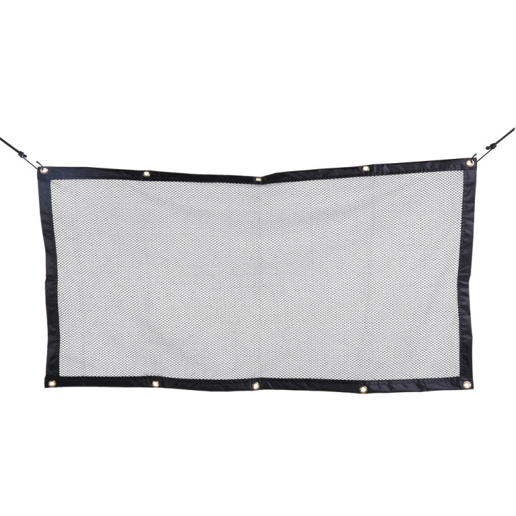 Black mesh rear barrier net with metal corner eyelets and hanging cords