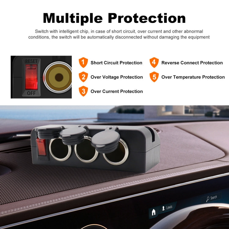 Car 3-in-1 socket with three outlets and red protection indicator beside reset switch