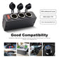 Car 3-in-1 12–24V socket with three capped outlets, metal rings, and reset indicator