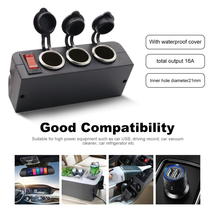 Car 3-in-1 12–24V socket with three capped outlets, metal rings, and reset indicator