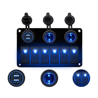 12V/24V 6-way switch panel with dual USB charger, blue backlit switches and sockets