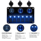 12V/24V 6-way switch panel with dual USB charger, close view of blue indicator switches