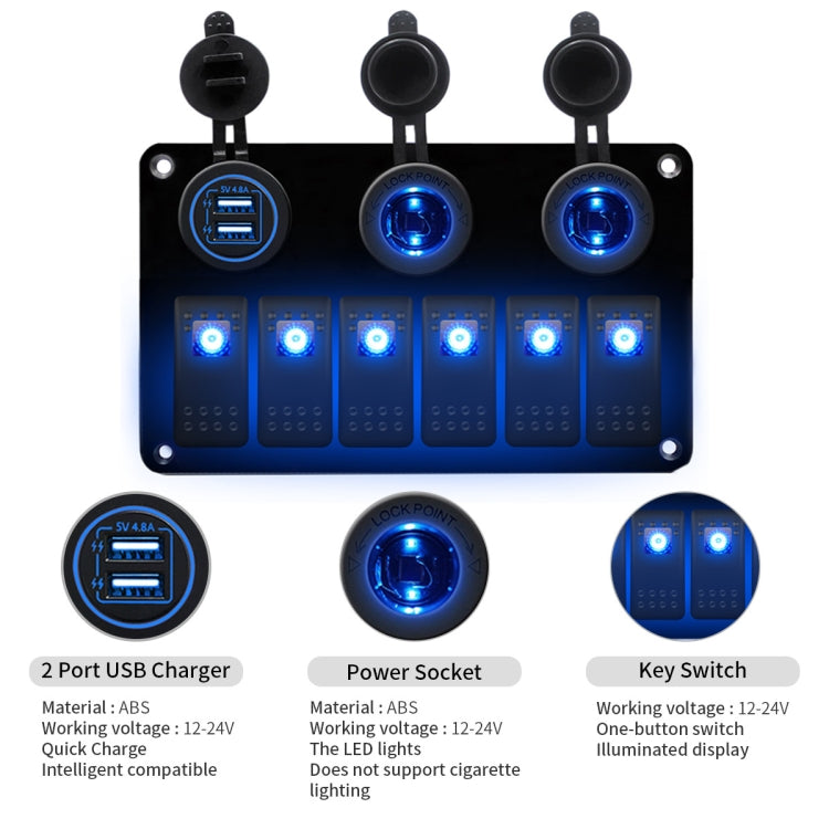 12V/24V 6-way switch panel with dual USB charger, close view of blue indicator switches