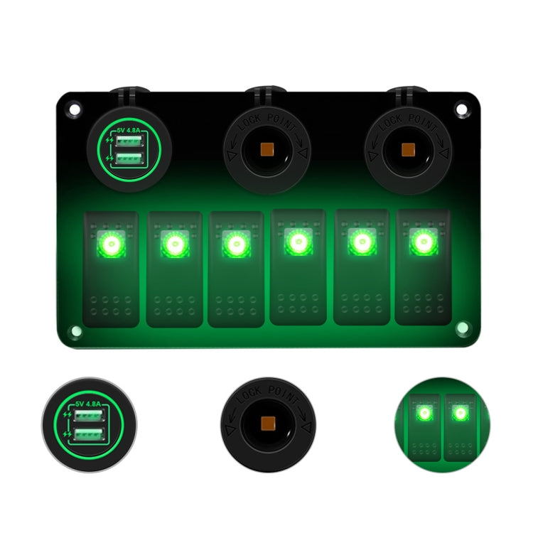 12V/24V 6-way switch panel with dual USB charger, green backlit switches and USB ports