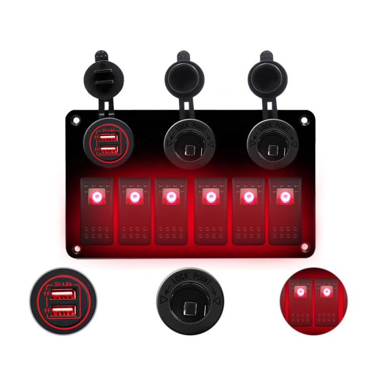 12V/24V 6-way switch panel with dual USB charger, red backlit switches and USB ports