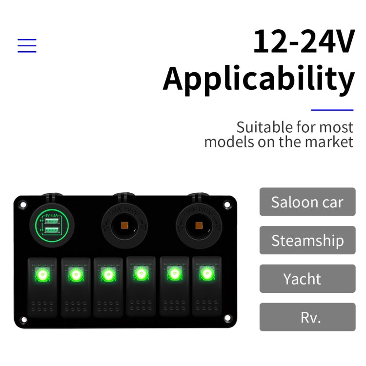 12V/24V 6-way switch panel with dual USB charger, green backlit switches and charging ports
