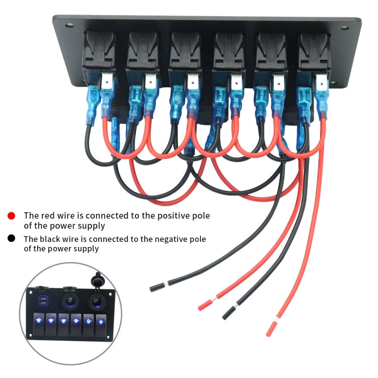 12V/24V switch panel wiring harness, terminal block with red, blue, and black leads