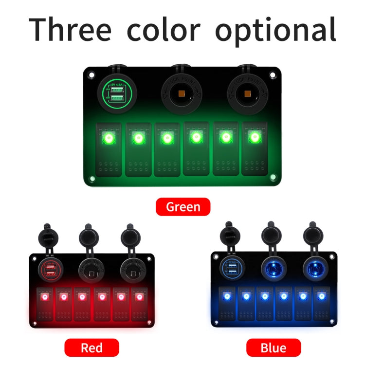 12V/24V 6-way switch panel with dual USB charger, green, red, and blue backlit options