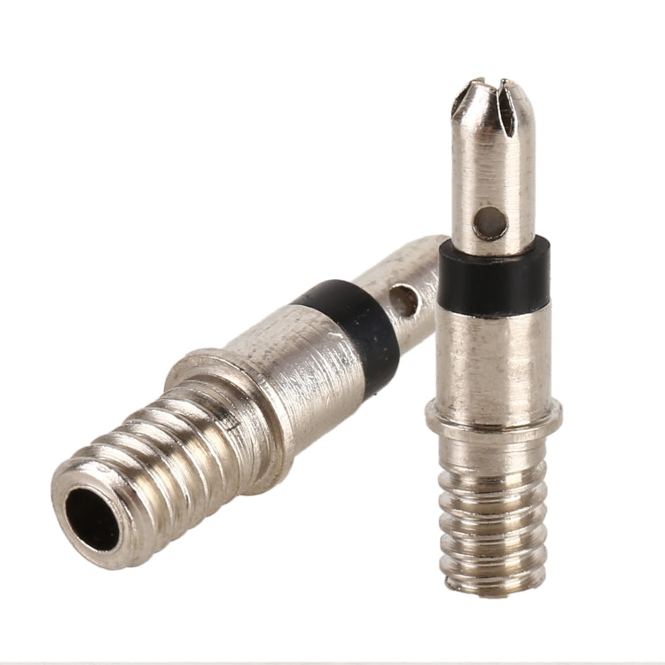 Bicycle valve cores: two metal threaded cores with black rubber seals and inner pin