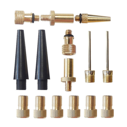Inflator adapter set with brass fittings, black rubber nozzles, and needle stems