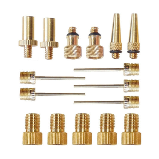 Gold-tone inflator adapter kit with multiple nozzles and needle tips, threaded ends