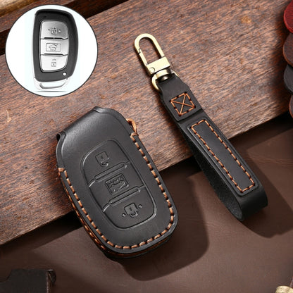 Black leather key fob protective cover case with key ring, stitched edges, button cutouts