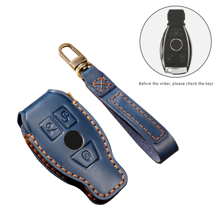 Blue cowhide leather key fob case and wrist strap, gold keyring, orange stitching