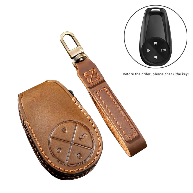 Brown leather key fob case with matching key strap, car remote cover.