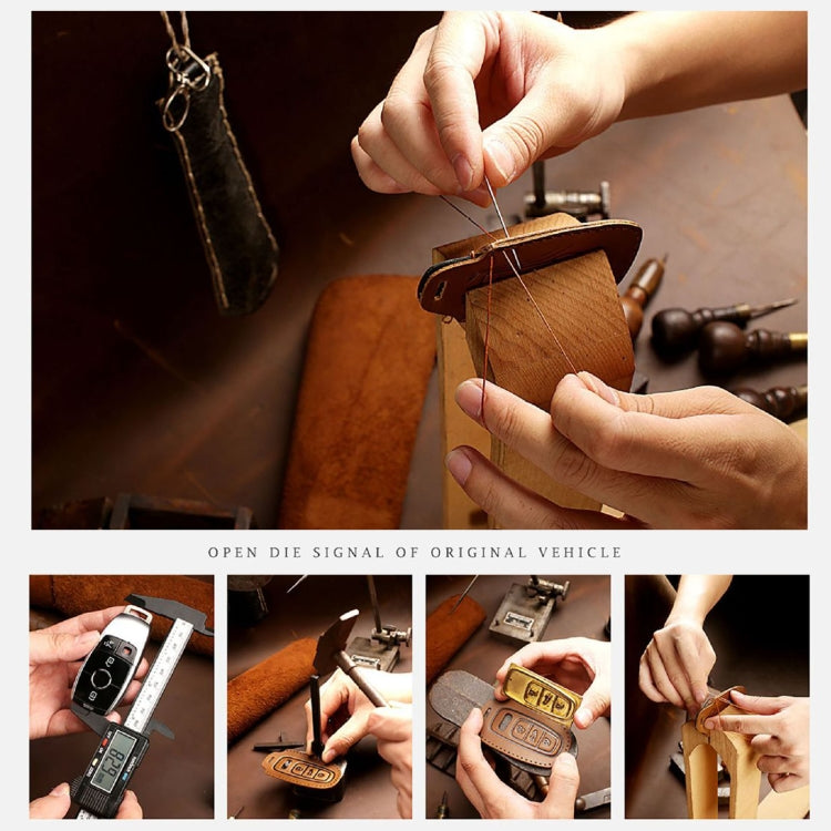 Leather car key cover kit, remote cover and key strap shown in hands.