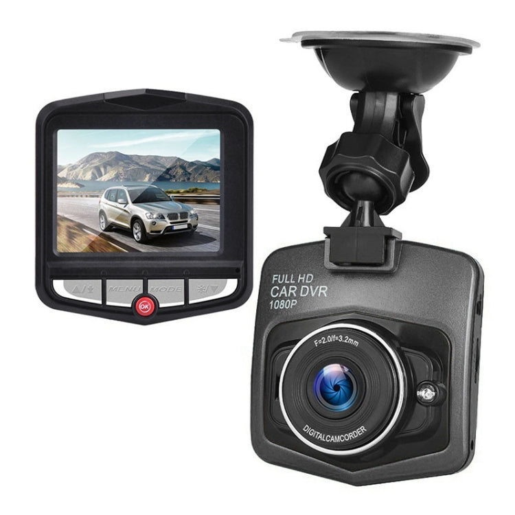 Black 2.4-inch car DVR dash cam with front screen and suction mount
