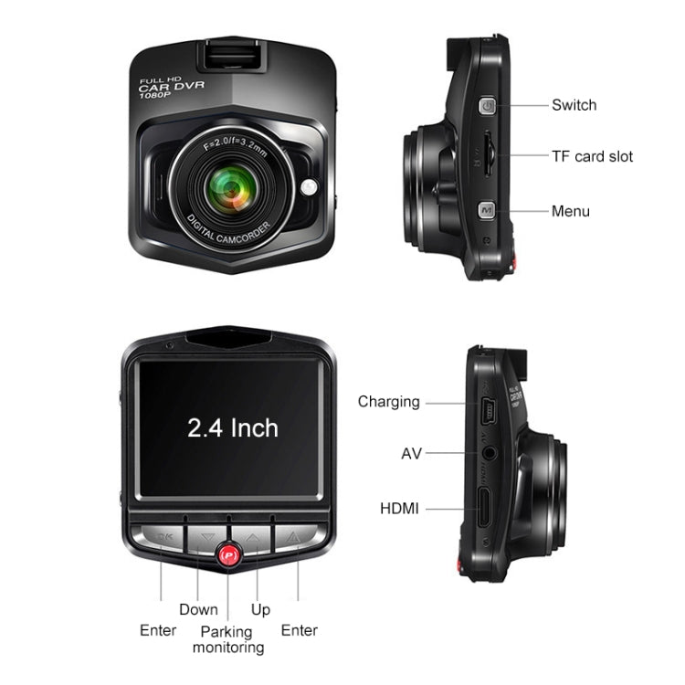 Black car DVR dash cam showing ports side view, TF card slot, and 2.4-inch LCD