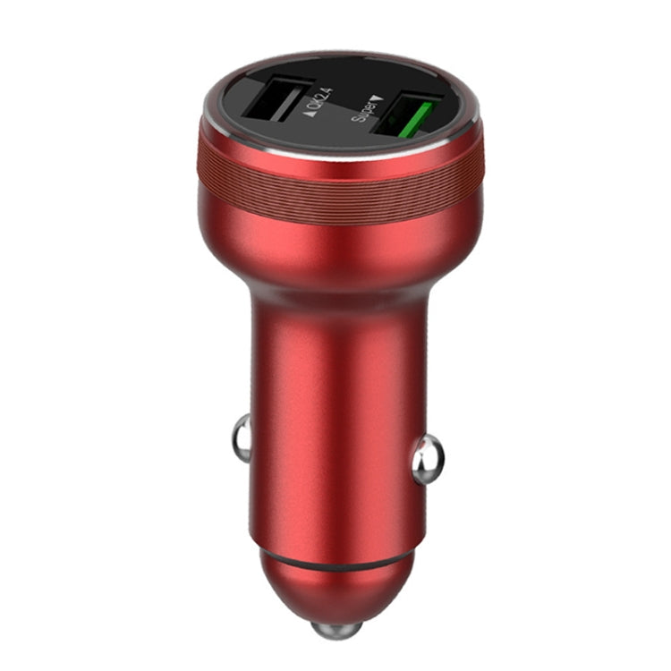 Red dual USB car charger with two ports and circular LED indicator ring
