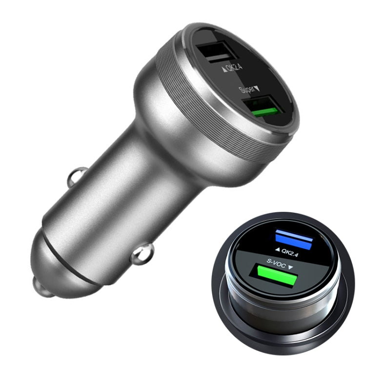 Silver dual USB 66W car flash charger with two USB ports and green/blue LEDs