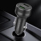 Dark gray dual USB car flash charger plugged in with two LED status lights