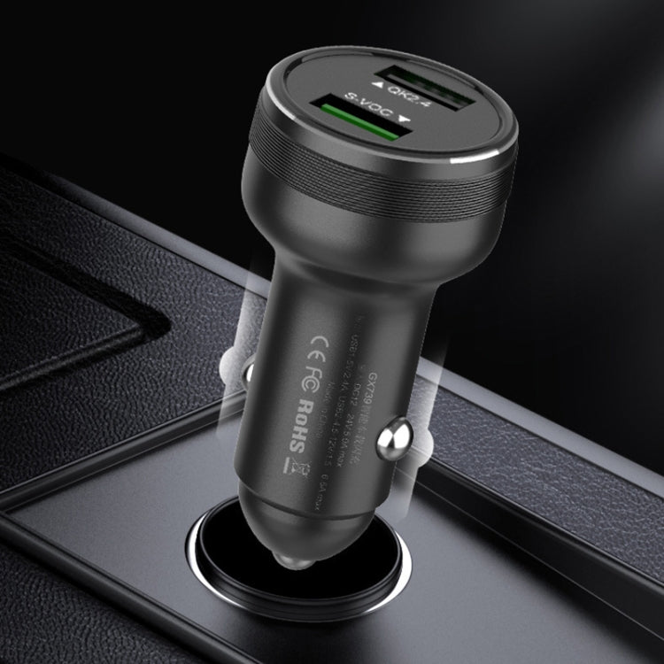 Dark gray dual USB car flash charger plugged in with two LED status lights