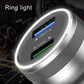 Silver dual USB car charger with bright ring light LED around the ports