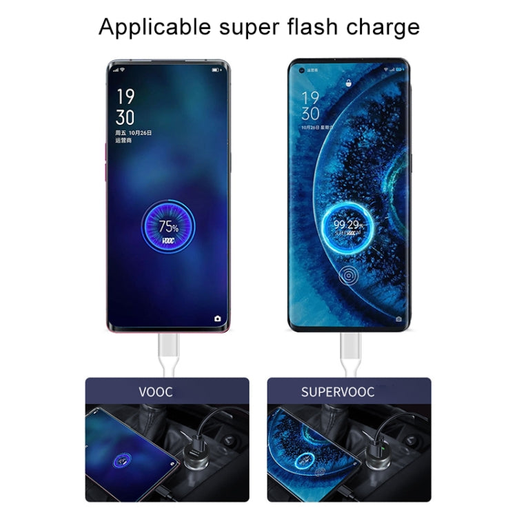 Dual USB car flash charger shown charging two smartphones with power percentage screens