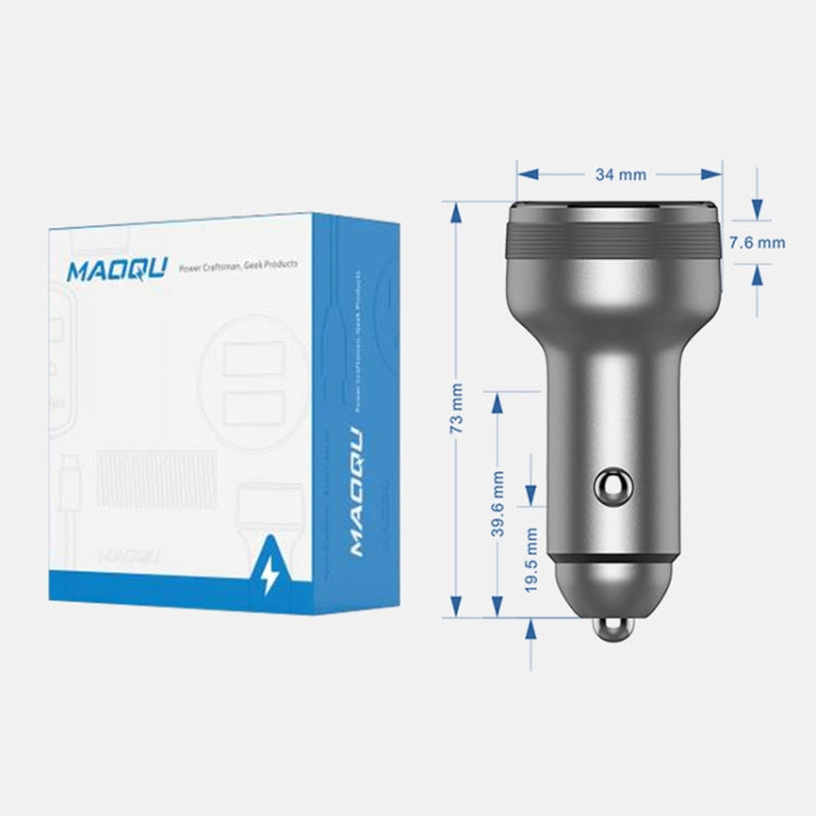 Gray dual USB car flash charger with product size diagram and dimensions