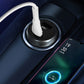 Black dual USB car charger with cable connected and ring-style LED charging light