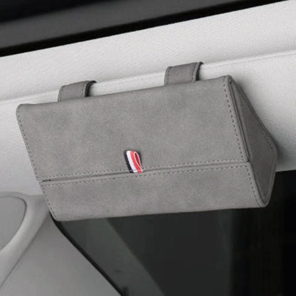 Grey glasses storage bag with flap and small emblem on front