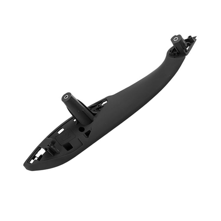 Black left rear inner armrest door handle with mounting bracket and clips