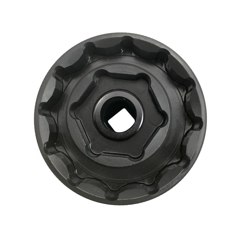 Black wheel nut socket tool underside with central drive opening