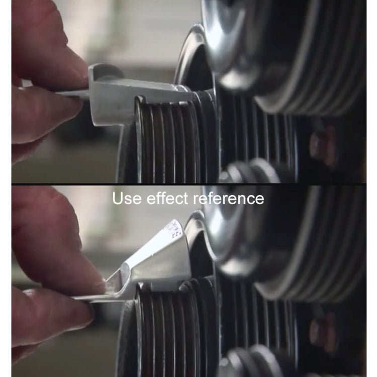 Car belt removal tool in use near ribbed hose, hand holding tool
