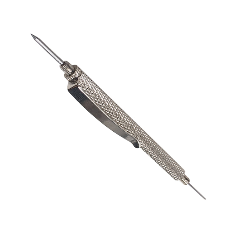 Windshield wiper nozzle adjustment tool with pointed tip and metal bracket on mesh handle