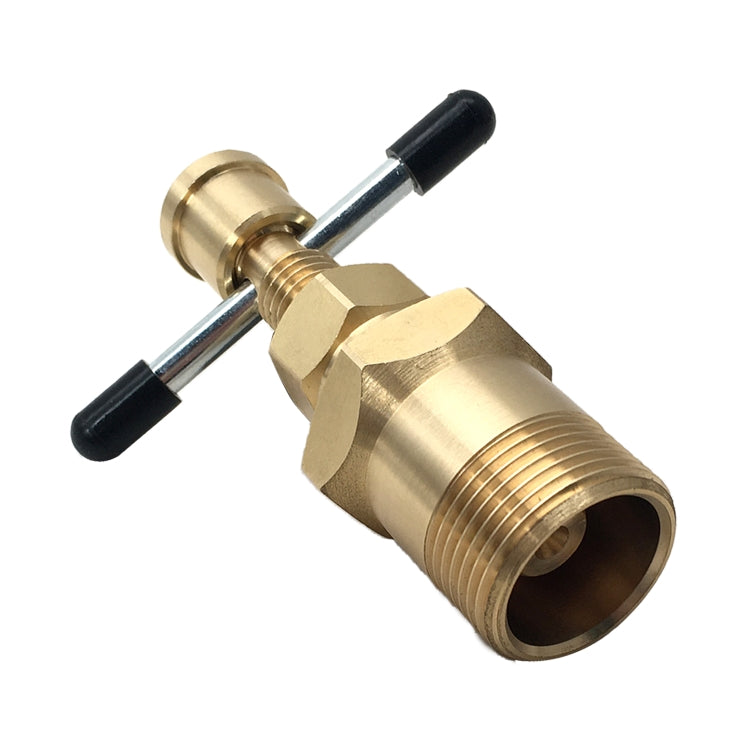 Solid brass pipe fitting removal puller with black handles and threaded coupler
