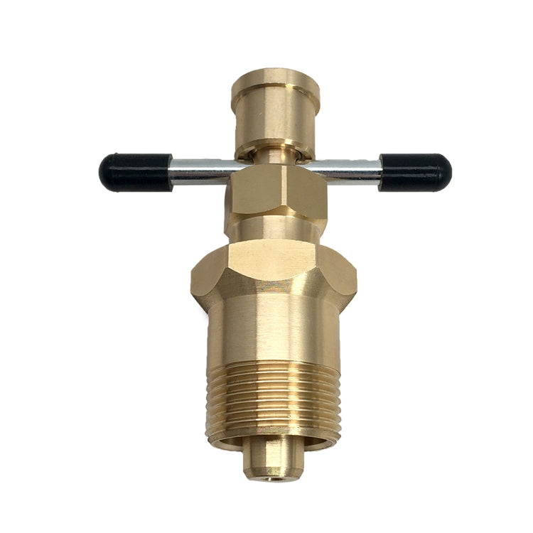 Brass pipe puller fitting with central threaded body and two black handle grips