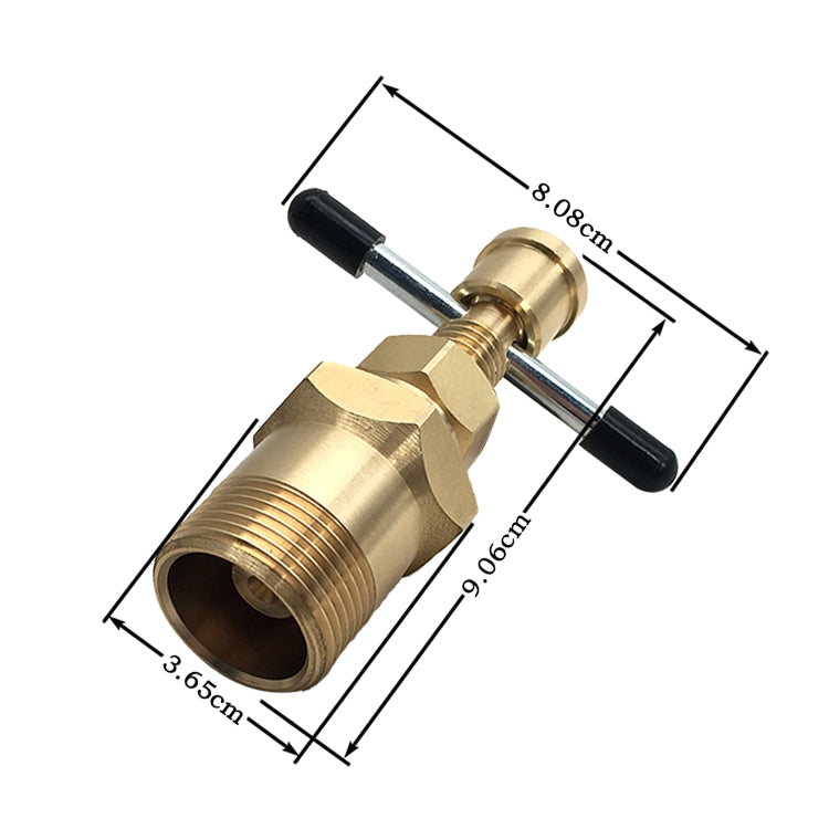 Brass pipe puller fitting with marked dimensions and two black handle grips