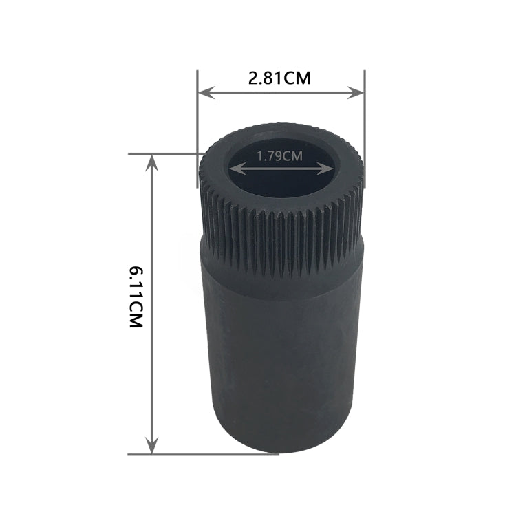Spline socket pre-chamber dimensions: 2.81 cm top width, 6.1 cm height