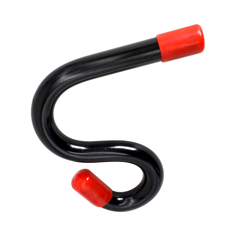 Curved pry bar tool with red rubber handles and glossy black finish