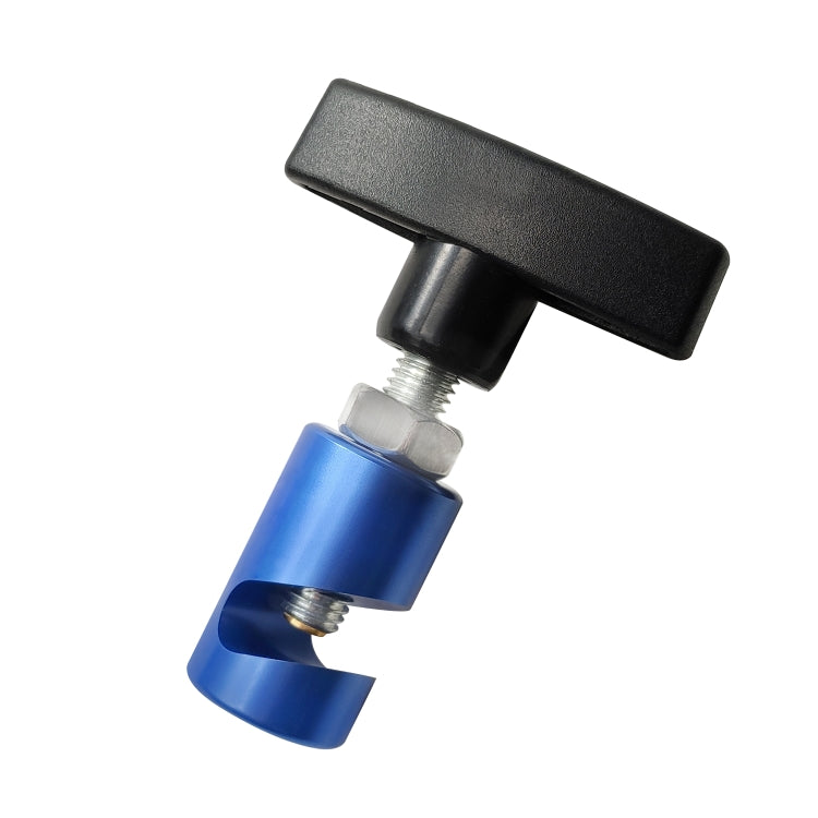 Car engine cover support rod with black end cap and blue mounting sleeve