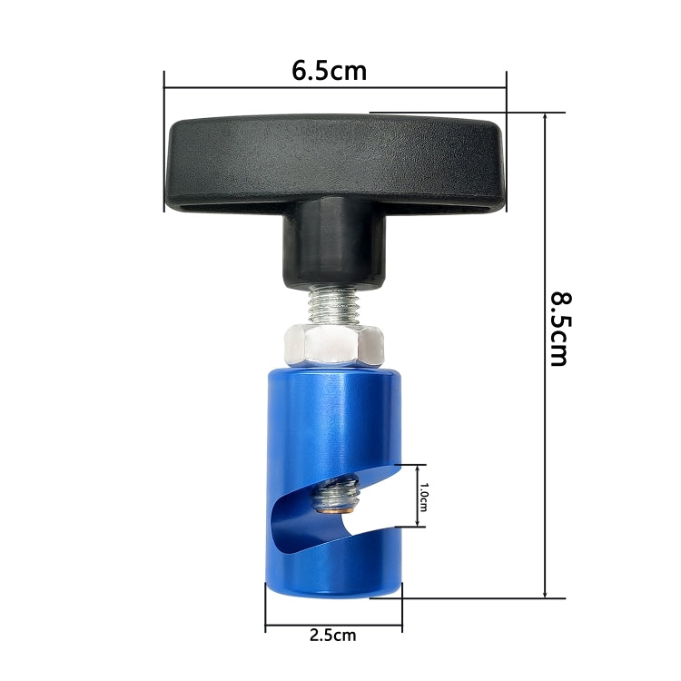 Car engine cover support rod with black cap and blue damper, with size diagram