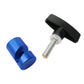 Car engine cover support rod with blue bushing and silver threaded bolt, black cap