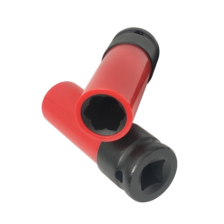 Protective wheel lug nut socket with red sleeve and black grip, angled view