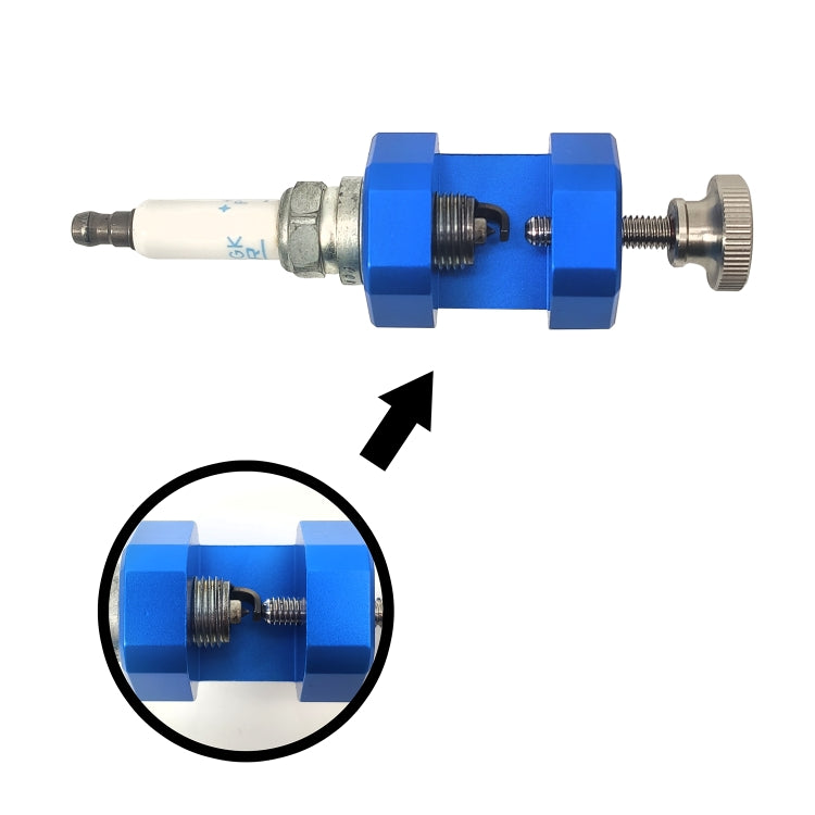 14mm spark plug gap tool with spark plug adapter, blue body and screw detail