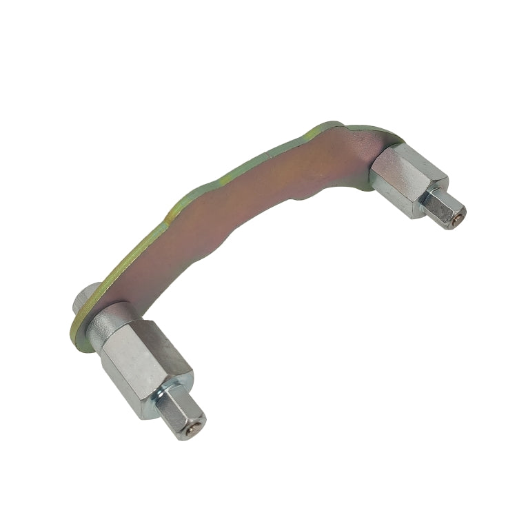 Camshaft cam locking tool with brown strap and silver brackets