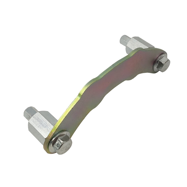 Camshaft locking tool with brown bar, hex bolts, and silver end brackets
