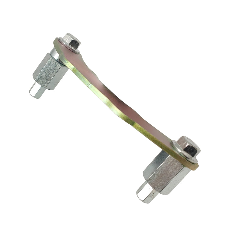 Camshaft locking tool angled view with brown metal bar and silver clamping ends