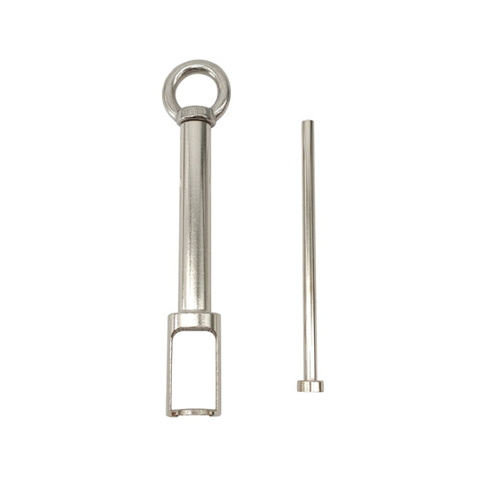 Gasoline nozzle remover tool showing ring handle and release pin